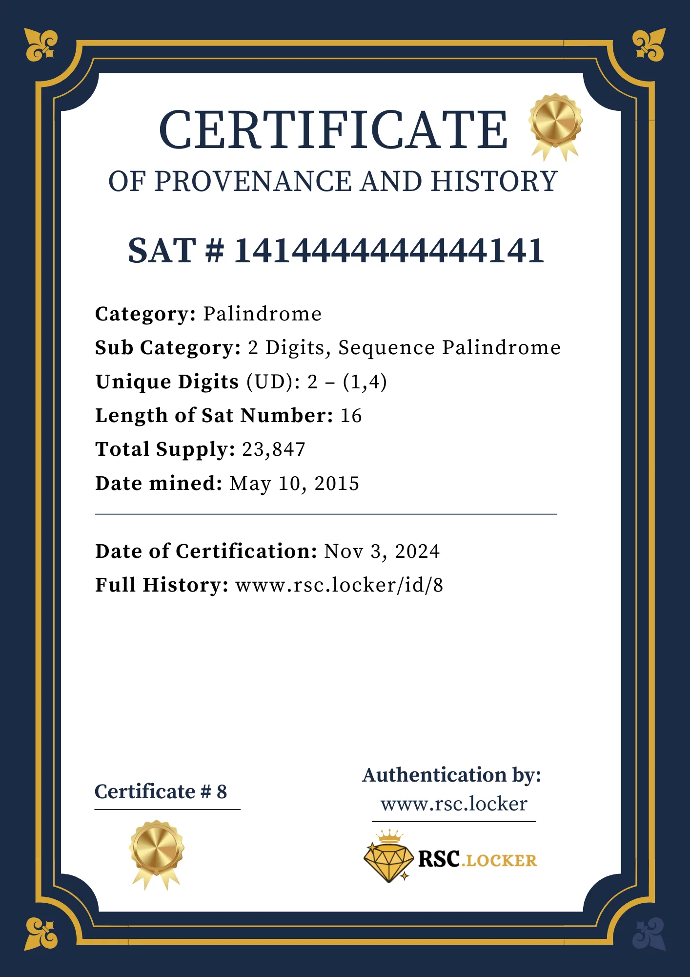 2 Digit Sequence Palindrome. Certificate ID - 8 SAT # 1414444444444141