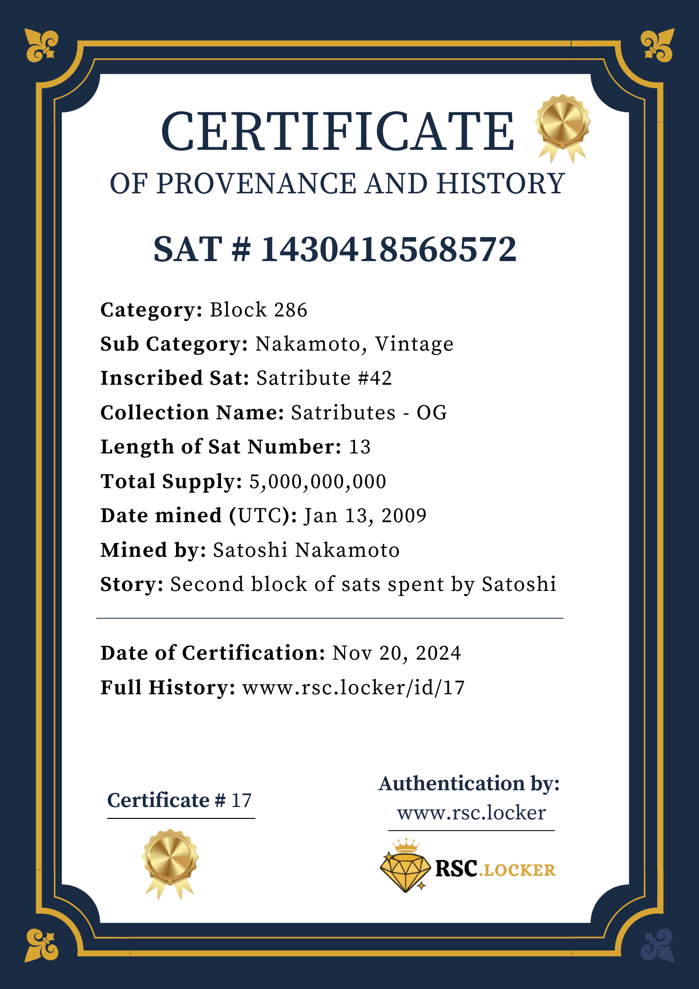 Certificate of Sat # 1430418568572 Certificate ID 17