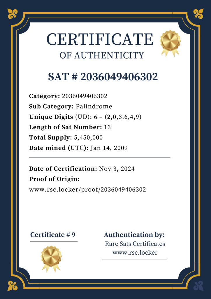 certificate of authenticity sat 2036049406302