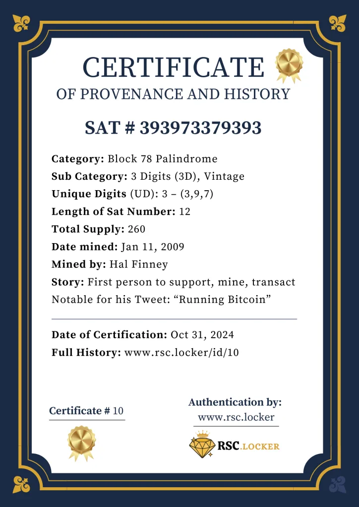 Block 78 Palindrome Sat # 393973379393. Certificate ID 10