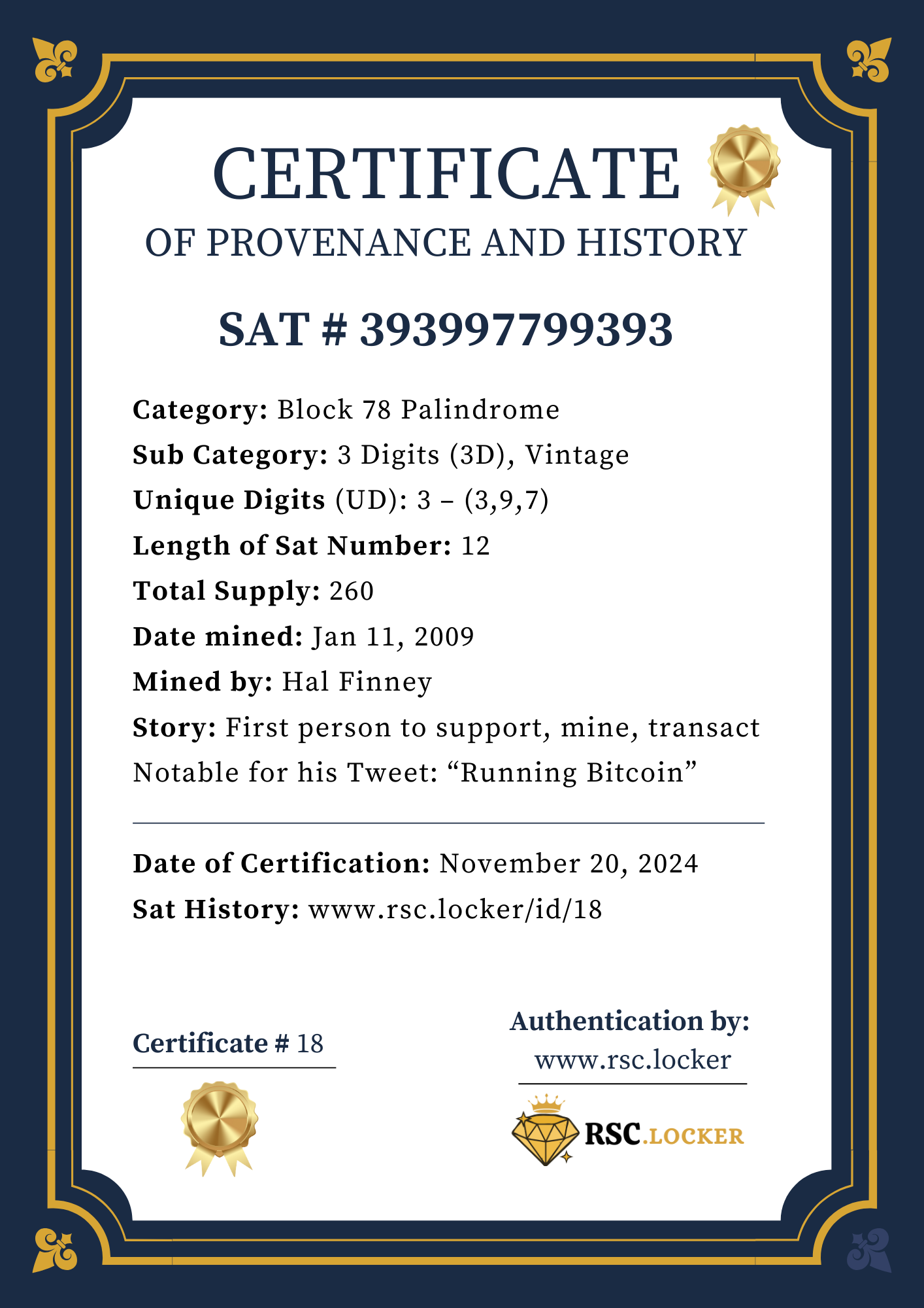 Certificate ID 18 - Sat # 393997799393 Provenance and History 