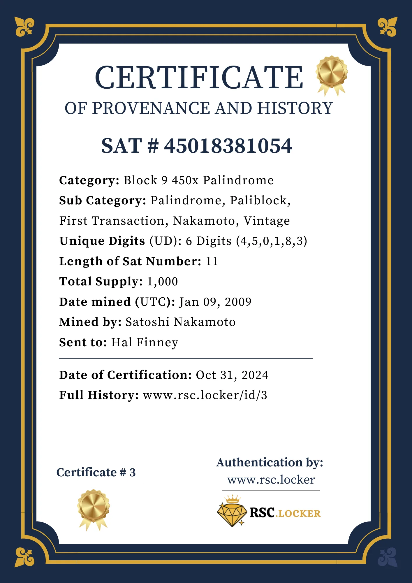 Block 9 450x Palindrome. Certificate ID 3. SAT # 45018381054