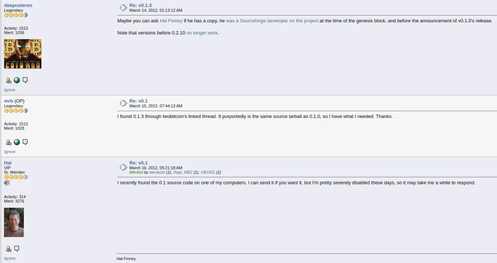 Bitcointalk user requesting the source code to Bitcoin v0.1 and Hal Finney responded