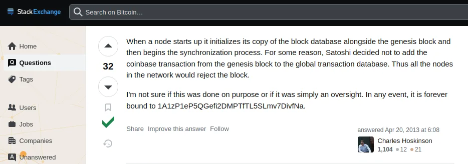 Charles Hoskinson, early bitcoin pioneer outlines why the nodes would not accept genesis block #0 or the mythic sat of Genesis Zero to be spent