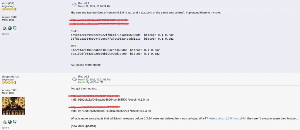 Bitcointalk users sharing the mirror of the source code after Hal Finney provided it to the thread user.